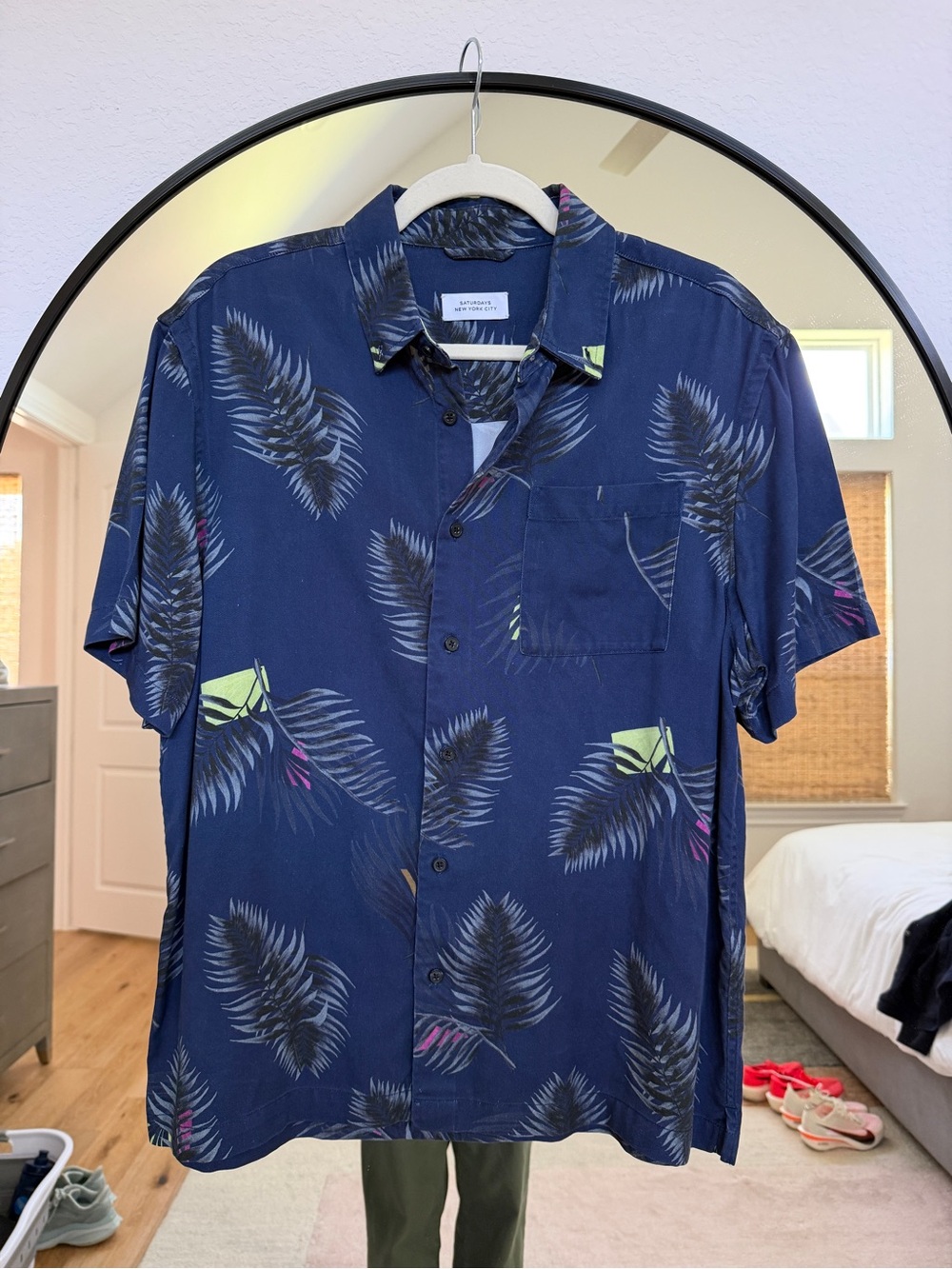 Saturdays New York City Navy Palm Print Short-Sleeve Button-Up